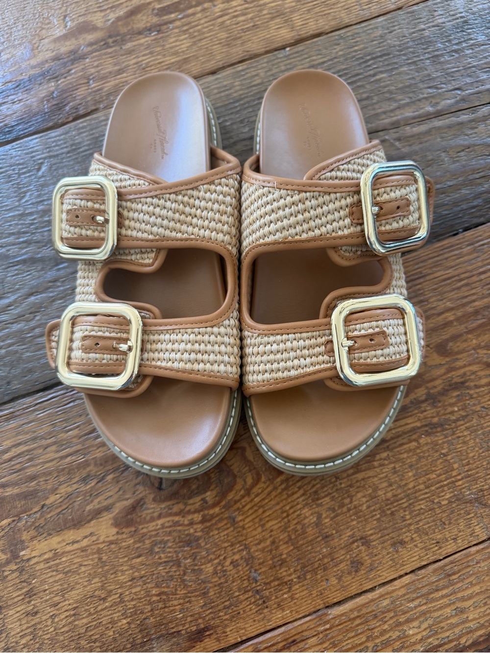 Universal Thread Tan Woven Double-Buckle Slide Sandals with Gold Buckles